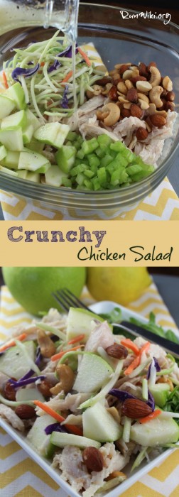 Healthy Crunchy Chicken Salad recipe. You could use this in a sandwich , weeknight no bake dinner, great at baby and bridal showers, bbq, and potlucks. Quick and easy to assemble- under 30 minutes