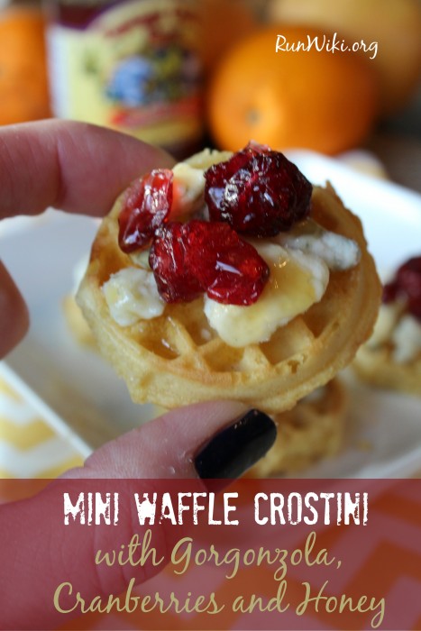 Mini Waffle Crostini with gorgonzola, cranberries and honey- This appetizer recipe is so quick and easy to make. I've served them at super bowl parties, and summer bbq's and every time they're gone in minutes.
