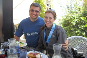 Polina and her fiance Nikolay after completing her race, and new PR of 1:43:04