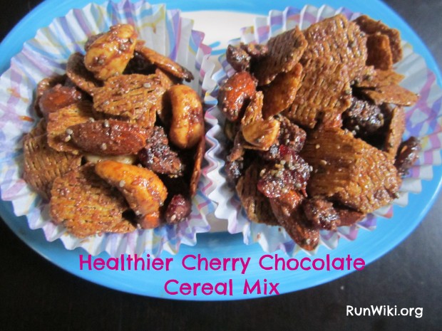 Cherry Chocolate Cereal Mix. A health version of the popular old standard. Great as an after school or mid day snack- quick and easy- great at party appetizer or at potluck