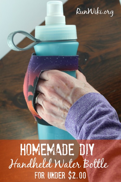 DIY handheld water bottle for under 2 dollars. Can be used for running, hiking, and kids- can use most any bottle with it. I used this when I trained for my half marathon because I could throw the bottle out at the end of my run, and stick the holder in my flip belt, also very popular with my kids.