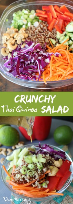 Crunchy Thai Quinoa Salad with a creamy peanut dressing- I love this recipe! The crunch of the veggies and the sweet-salty dressing make this something I could eat every day. I have served this at parties, potlucks, game day, and as a side dish- so healthy. Clean eating that tastes delicious.