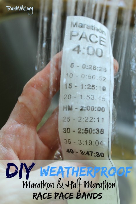 Impossibly easy to make-DIY waterproof homemade race pace band- takes less than five minutes to make. Link to a template for both marathon, half marathon, 5K and 10K- in miles or km. These are a must if you want to stay on pace during a race. Running Motivation and quotes |Training plans| fitness