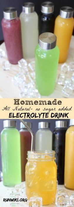 DIY Homemade All Natural Sugar Free Electrolyte Sports Drink Drink- Gatorade and other store bought  drinks are full of sugar and artificial junk- not only is this recipe quick and easy to make, you can make ahead and store in the frig for up to two weeks. These got me through my 12 week half marathon training and my kids love them too. Great when their sick- can be frozen into pops. Running motivation | fitness tips