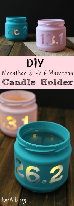 DIY Candle holder- super easy, even a beginner could make this -3 steps to make this candle in a jar. This would make a perfect gift that kids or grown ups could give their parents and friends who run. Great homemade gift for Christmas, birthday, or any occasion. If you are training for a half marathon and need a little inspiration, these do the trick. Can also put quotes or mantras on them. Show off your fitness accomplishment!