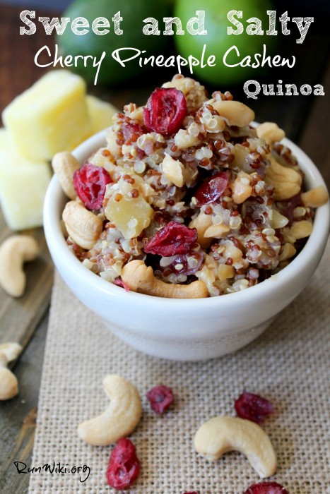 Cherry Pineapple Cashew Quinoa- I love this sweet and salty easy to make quinoa salad. It is great for a healthy, make ahead brown bag lunch or dinner. I have served this at parties, as as a side dish,  at pot lucks, and on game day- people always ask me for the recipe. The dressing has soy sauce and pineapple juice so the flavors soak into the grain. A must try !