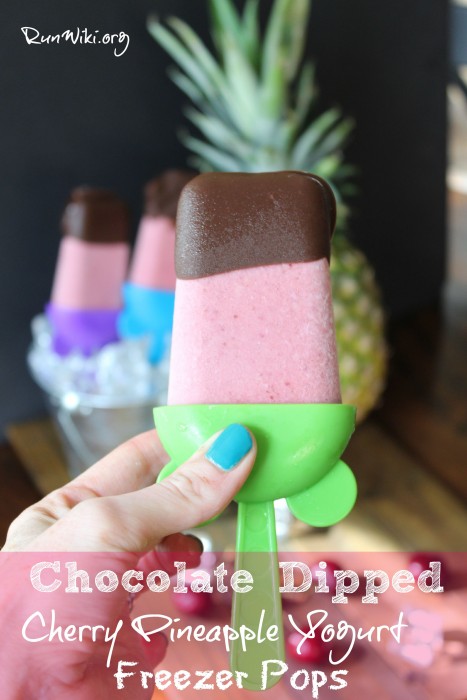 Easy DIY Homemade healthy Cherry Pineapple Fruit Yogurt Pops - Popsicle on a stick - chocolate dipped only 5 ingredients - so much better for your kids than store bought. Can be served at a summer party.