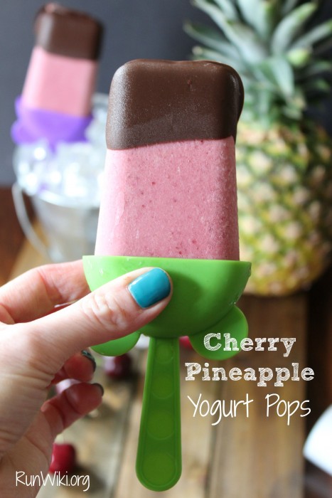 Easy DIY Homemade healthy Cherry Pineapple Fruit Yogurt Pops - Popsicle on a stick - Chocolate dipped, only 5 ingredients - So much better for your kids than store bought. Can be served at a summer party.