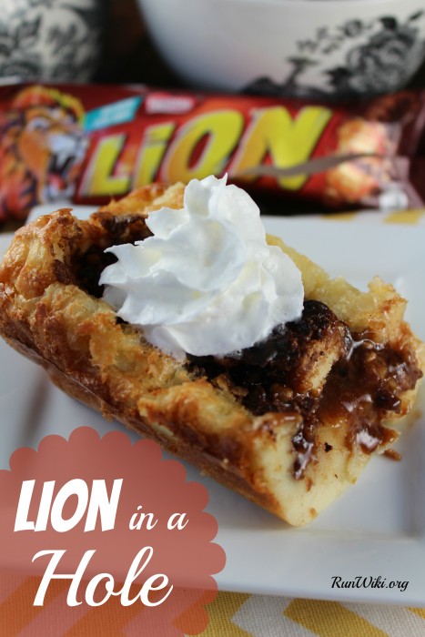 Lion In a Hole - this dessert recipe is a play on a traditional English dish called Toad in a Hole made with sausage. Made with Nestle Lion Bars and then baked in a Yorkshire pudding. It is worth every single unhealthy bite. One of the easiest best tasting recipe I've made in a long time. You can make this with any candy bar you like.