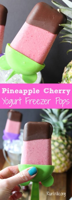 Easy DIY Homemade healthy Cherry Pineapple Fruit Yogurt Pops- Popsicle on a stick - chocolate dipped only 5 ingredients - so much better for your kids than store bought. Can be served at a summer party.