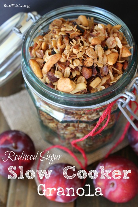 Reduced sugar healthy Slow Cooker Granola. Great back to school breakfast idea or recipe for a brunch or pot luck. Quick and easy and no junk ingredients like store bought- very little prep, just throw it in the Crock Pot and there you have a breakfast- can make ahead. Gluten free and vegan.