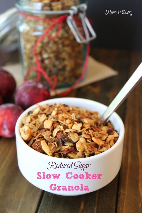 Reduced sugar healthy Slow Cooker Granola. Great back to school breakfast idea or recipe for a brunch or pot luck. Quick and easy and no junk ingredients like store bought- very little prep, just throw it in the Crock Pot and there you have a breakfast- can make ahead. Gluten free and vegan.