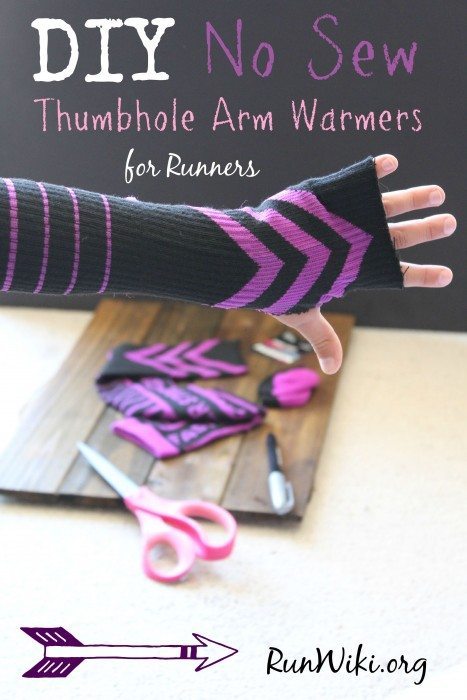 DIY easy No Sew Thumb Hole Arm Warmer= this craft idea is an essential clothing item for someone running in the fall, winter and cold weather months. You can get the socks for less than a dollar, so if you need to wear them during a half marathon or training for one you wont feel bad tossing them after you warm up. Would make a great Christmas gift for a runner or fitness person. runners hack | tips | 5k |10K Training 
