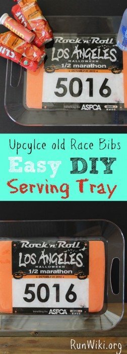DIY Race Bib Tray for runners. Upcylce old race memories with this easy craft idea. If you are wondering what to do with old bibs, heres an answer. If you can cut and glue you can make this- easy enough for kids to make. Great Christmas gift idea for the runner in your life. Half marathon training| 5K training | 10K training for beginners | fitness | motivation | quotes | workout tips