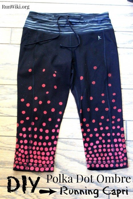 DIY Polka Dot Ombre Running or Yoga Capri. This clothing project idea is so easy and the results turned out awesome. Would be cute with a bright pair of shoes. I have been wearing these for my half marathon training and yoga classes and love them. 5k | 10K | tips and motivation for beginners.
