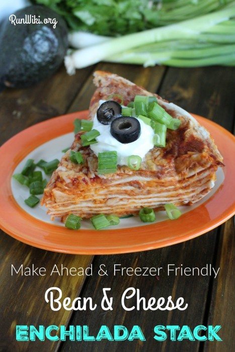 Bean and cheese Enchilada Stack. My family and I love this easy weeknight dinner idea. Nothing too spicy, so even most young kids will love it- serve with rice. I make several ahead of time and freeze for later.So simple to make- only three ingredients that you probably have in your pantry. | Inexpensive Meal Idea| Mexican Food Recipe | Potluck | Gameday