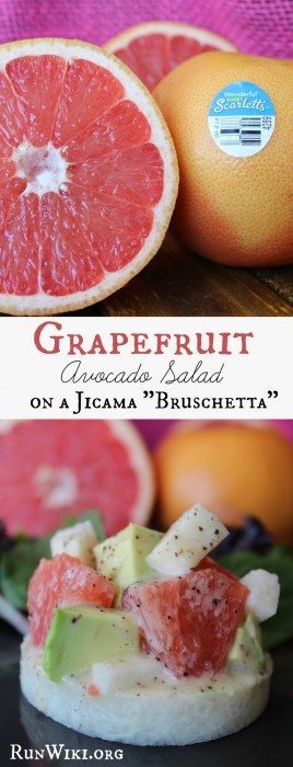 Grapefruit Avocado Salad on a Jicama Bruschetta. This quick and easy recipe has a delicious honey poppy seed dressing. Perfect healthy appetizer for a potluck or bbq. This snack is so refreshing! #HalosFun #Spon