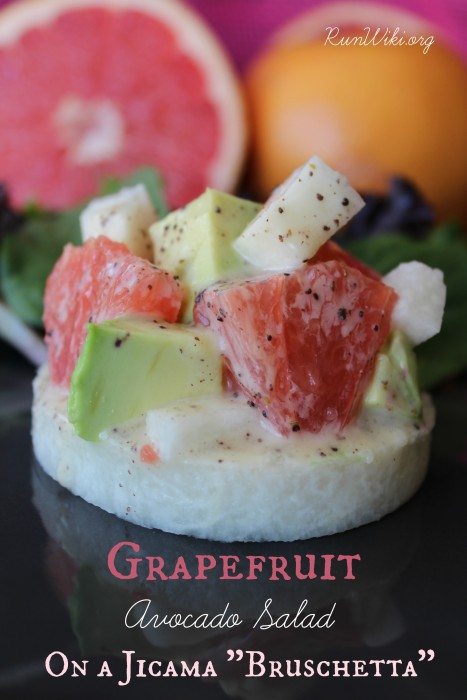Grapefruit Avocado Salad on a Jicama Bruschetta. This quick and easy recipe has a delicious honey poppy seed dressing. Perfect healthy appetizer for a potluck or bbq. This snack is so refreshing! Vegan #HalosFun #Spon