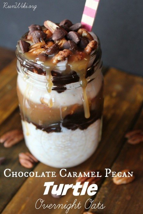Chocolate Caramel Pecan Turtle Overnight Oats. Make ahead quick and easy healthy breakfast idea that even your kids will love. By looking at this you would think it is full of sugar, but there is in fact very little. A small amount in the caramel sauce and some in the chips. Add chia and hemp seeds for an extra boost of omegas. Dairy free and vegan. Great on the go!