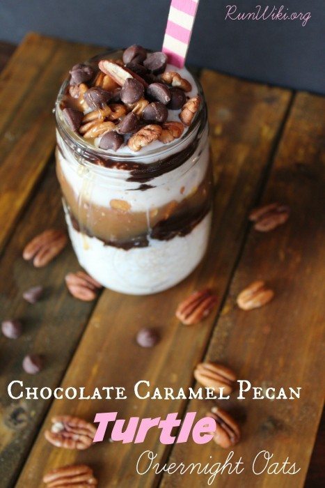 Chocolate Caramel Pecan Turtle Overnight Oats. Make ahead quick and easy healthy breakfast idea that even your kids will love. By looking at this you would think it is full of sugar, but there is in fact very little. A small amount in the caramel sauce and some in the chips. Add chia and hemp seeds for an extra boost of omegas. Dairy Free and Vegan.  Great on the go!