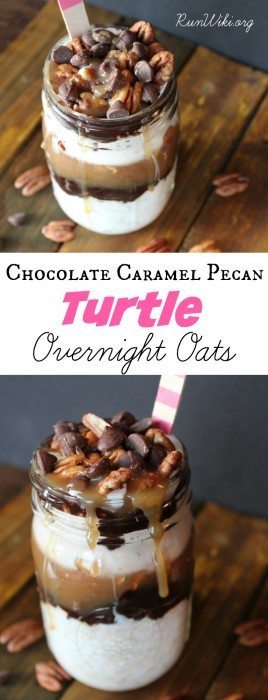 Chocolate Caramel Pecan Turtle Overnight Oats. Make ahead quick and easy healthy breakfast idea that even your kids will love. By looking at this you would think it is full of sugar, but there is in fact very little. A small amount in the caramel sauce and some in the chips. Add chia and hemp seeds for an extra boost of omegas. Dairy Free and Vegan. Great on the go!
