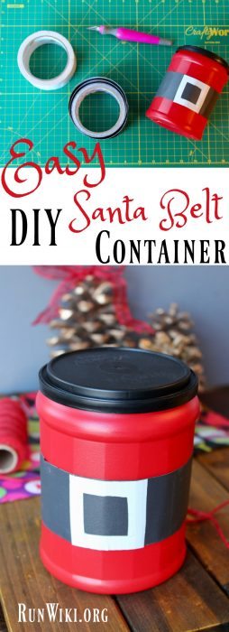 Easy DIY Folgers Canister Santa Belt Craft Ideas. What a great way to upcycle your old coffee cans. Perfect for Christmas Cookies, a gift or candy. I can see filling it with dollars or as a gift card holder.