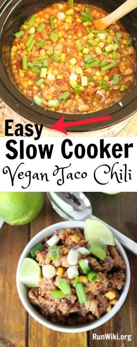 Easy weeknight Slow Cooker | Crock Pot Vegan Taco Chili- love this recipe because there is NO prep required, just dump and go. Perfect quick and easy weeknight meal for busy families. So difficult to find vegetarian dinner ideas that are kid friendly -- this one is a winner.Meal Ideas for Runners
