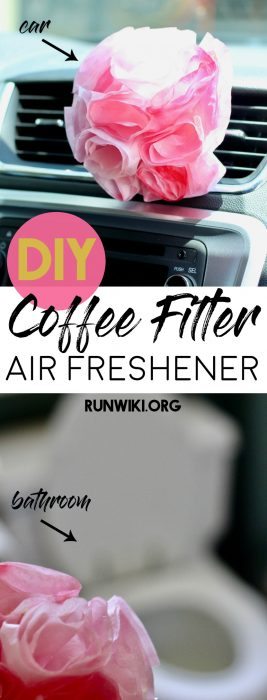 Easy DIY homemade coffee filter air freshener is the perfect smell hack for your car, bathroom, cat litter box, or diaper changing station. All natural and made with essential oils. Inexpensive and can be done with kids as a fun craft idea. Makes a nice gift the smelly person in your life. 